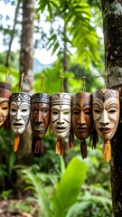 Row of handcrafted wooden masks hanging in a jungle setting