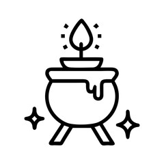 Cauldron with candle and magic sparkles, concept of icon, magic, esoteric  