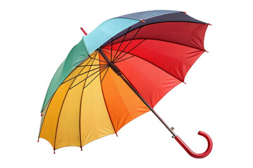 Colorful rainbow umbrella with red handle isolated on transparent background