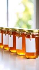 Row of honey jars with blank labels