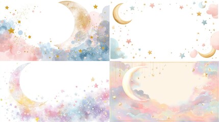 Four pastel-toned, dreamy backgrounds featuring crescent moons, stars, and soft clouds