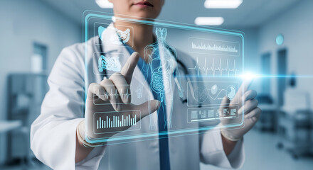 Doctor interacts with a futuristic medical interface, leveraging digital health technology for patient care and advanced diagnostics.