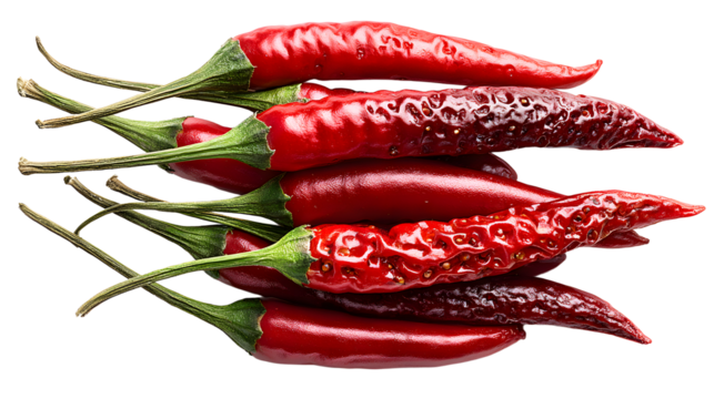 Red chili peppers arranged in a diagonal line, isolated on a white background.