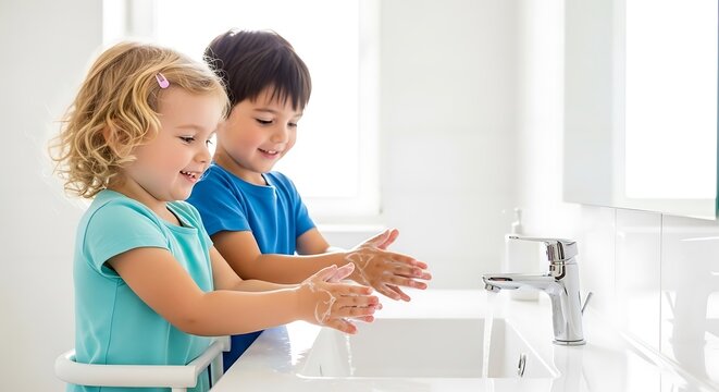Children practicing hygiene A young girl and boy washing hands at the sink in a bright bathroom, promoting health and good habits.