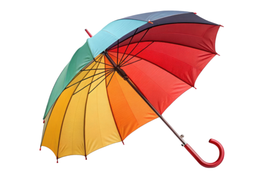 Colorful rainbow umbrella with red handle isolated on transparent background