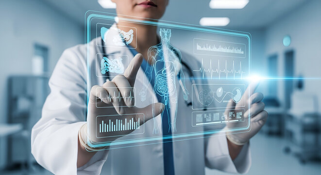 Doctor interacts with a futuristic medical interface, leveraging digital health technology for patient care and advanced diagnostics.