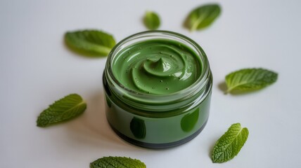 A jar of green cream surrounded by fresh mint leaves on a white surface in a well lit environment