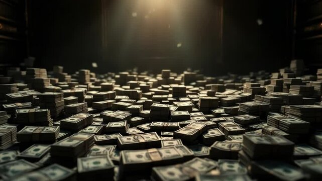 Money stack collapsing slowly in a room, 