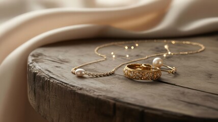 Close up of gold rings and pearl necklace on a rustic wooden surface with a silk fabric backdrop