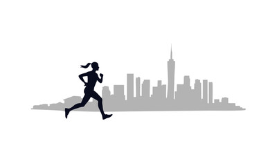 Simple Logo of a Runner Silhouette With City Skyline in the Background, City Running Logo