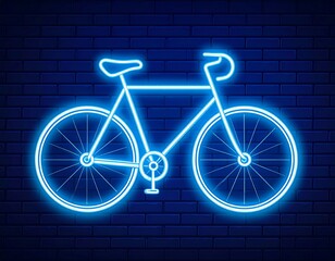 Fototapeta premium Glowing Blue Neon Bicycle Icon on a Dark Brick Wall Background