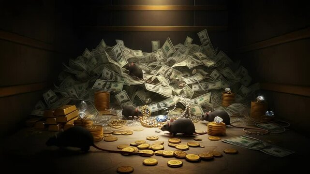 Money stack collapsing slowly in a room, 