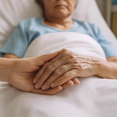 A daughter accompanies her sick mother in the hospital. The concept of the relationship between a mother and her daughter