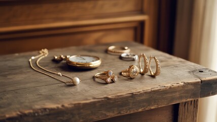 Arrangement of jewelry and a pocket watch on a wooden surface with a blurred background setting the scene
