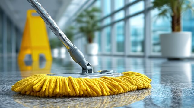 Cleaning Mop in Modern Office Environment with Yellow Mop Head and Wet Floor Sign