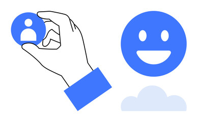 Hand picking circular user profile icon, smiling face emoticon, soft cloud shape. Ideal for user interface, customer satisfaction, profile selection, emotional connection, online services, social