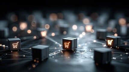 E-commerce data logistics network connection visualized with glowing icons for digital shopping and fulfillment