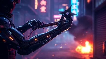 Futuristic Cyberpunk Ninja holding shuriken in dystopian city with fire explosion background - Powered by Adobe