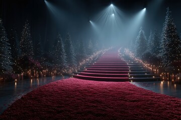 Elegant red carpet leading up a grand staircase surrounded by softly lit trees and candles in a misty atmosphere during evening event