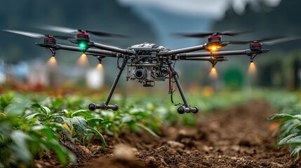 Drone flying above agricultural field spraying crops representing precision farming, modern agriculture, and tech use