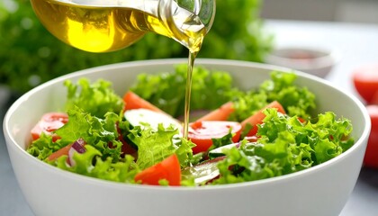 Salad dressing being poured over fresh salad