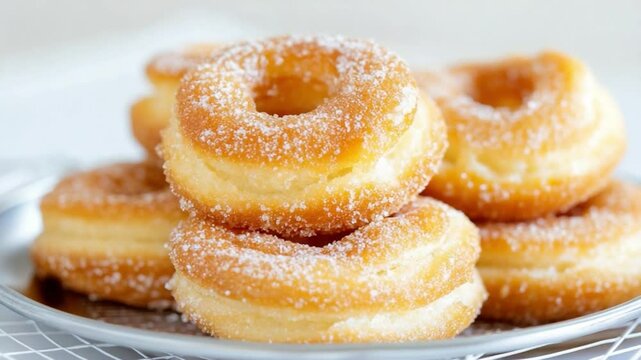 Sugared Donuts Stack: A delectable stack of sugared donuts, glistening with a dusting of sugar, creates a tempting treat on plate.