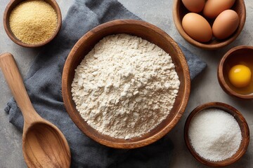 Rustic baking setup with flour, eggs, sugar, and wooden utensils.