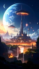 Sci-fi city on alien planet at twilight