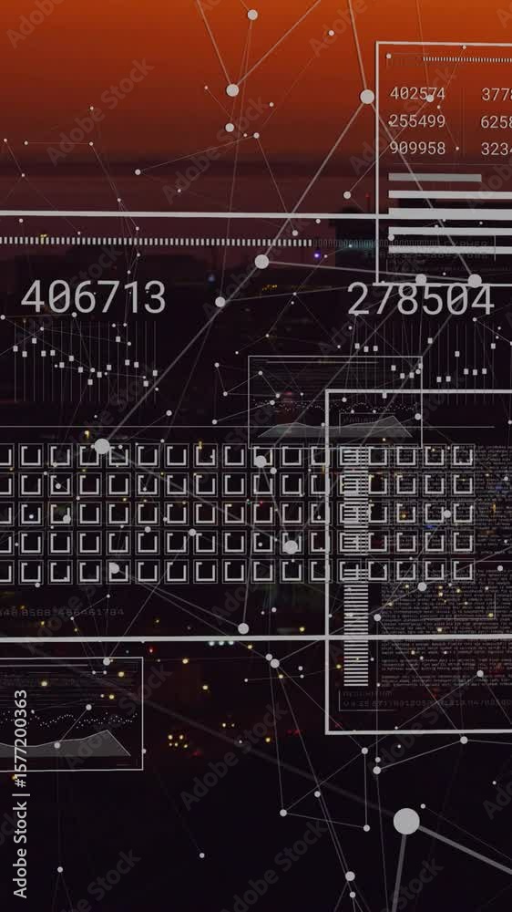 Poster animation of numbers and digital data processing over dark background