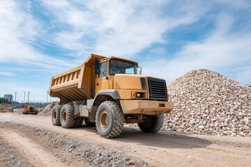 Obraz premium Large dump truck at construction site with gravel pile under clear blue sky.