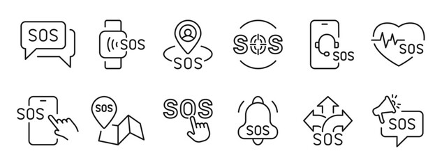 Fototapeta premium SOS related line icons set. Editable stroke