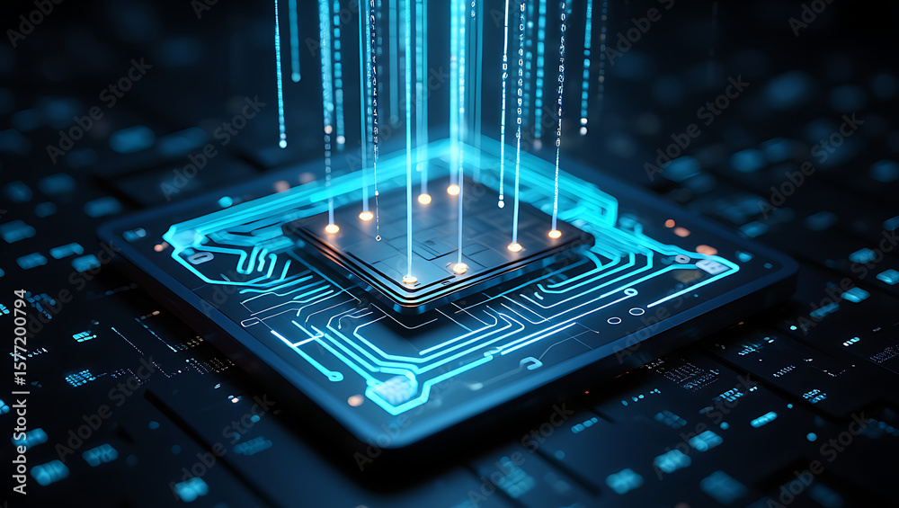 Poster a glowing microchip with intricate circuitry is depicted in a closeup shot, symbolizing the power an