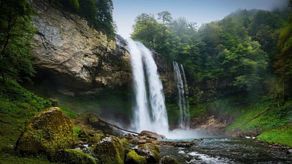Fototapeta premium Breathtaking Waterfall Deep in Icelandic Valley with Dramatic Clouds and Lush Green Hills, Ideal for Nature Wallpapers, Eco Travel Destinations, and Wilderness Exploration