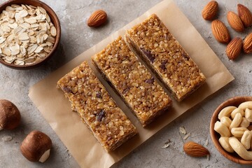 Fototapeta premium Homemade nut granola bars with oats and almonds on rustic background.