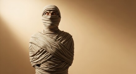 A dark scary creepy mummy monster with bright red eyes standing in an ancient tomb for Halloween, horror, spooky concept.