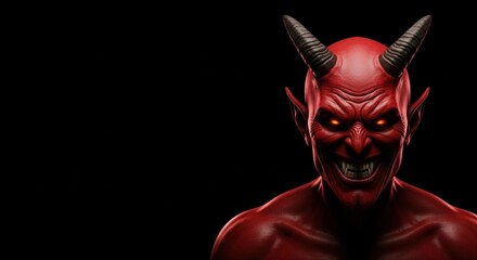 A red devil creature with glowing eyes and horns. Halloween and horror concept for scary design on black background.