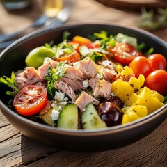 A colorful Tuna Nicoise Salad combines fresh vegetables, tuna, and olives in a rustic bowl. Perfect for a light meal on a sunny afternoon, capturing the essence of Mediterranean flavors.