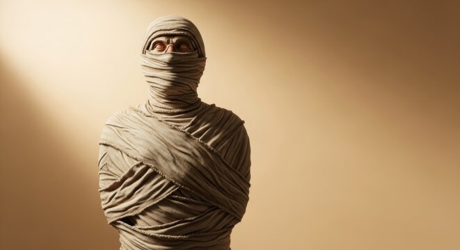 A dark scary creepy mummy monster with bright red eyes standing in an ancient tomb for Halloween, horror, spooky concept. - Powered by Adobe