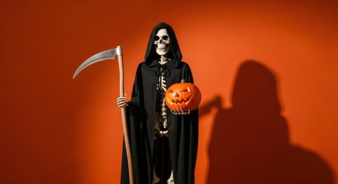 Grim reaper skeleton in black cloak with scythe holding pumpkin on orange background. Halloween dread and fear concept.