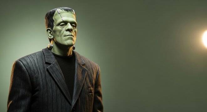 Classic green monster for halloween. Halloween costume and character. Spooky autumn holiday. Scenery for a macabre party or spooky celebration.