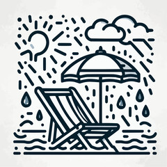 Naklejka premium Beach chair with umbrella under changing weather, relaxed mood, vacation illustration in line art style 