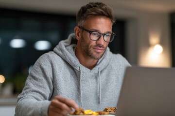 A man in a cozy hoodie works on his laptop at home, creating a relaxed and focused atmosphere. Ideal for themes of remote work and casual lifestyle.