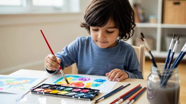 Young boy painting with watercolors at home. Child creating art, developing creativity. Elementary school student practicing artistic skills for homework or hobby