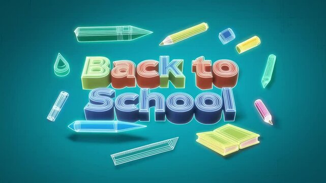 Back to School animation: Colorful stationery, books, and text elements dynamically combine, Ideal for educational promotions, school events, and kids learning content, Vibrant and engaging.