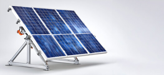 Solar panel array featuring six photovoltaic modules mounted on an adjustable frame, showcasing renewable energy technology and sustainable power generation in a clean environment