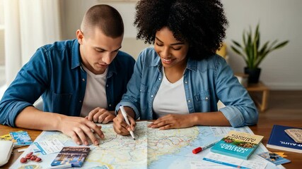 Interracial couple planning vacation using world map and travel guide. Young man and woman exploring destinations for their next trip. Adventure and journey concept
