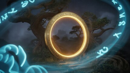 Glowing portal with ancient runes and a view of distant trees in a mystical landscape scene art
