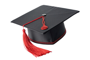 Black graduation mortarboard cap with red tassel isolated on transparent background