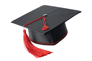 Black graduation mortarboard cap with red tassel isolated on transparent background