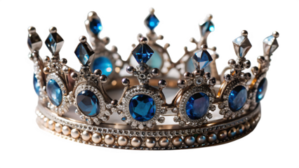 silver crown with blue gems royal luxury isolated on white background, png, ai generated.
